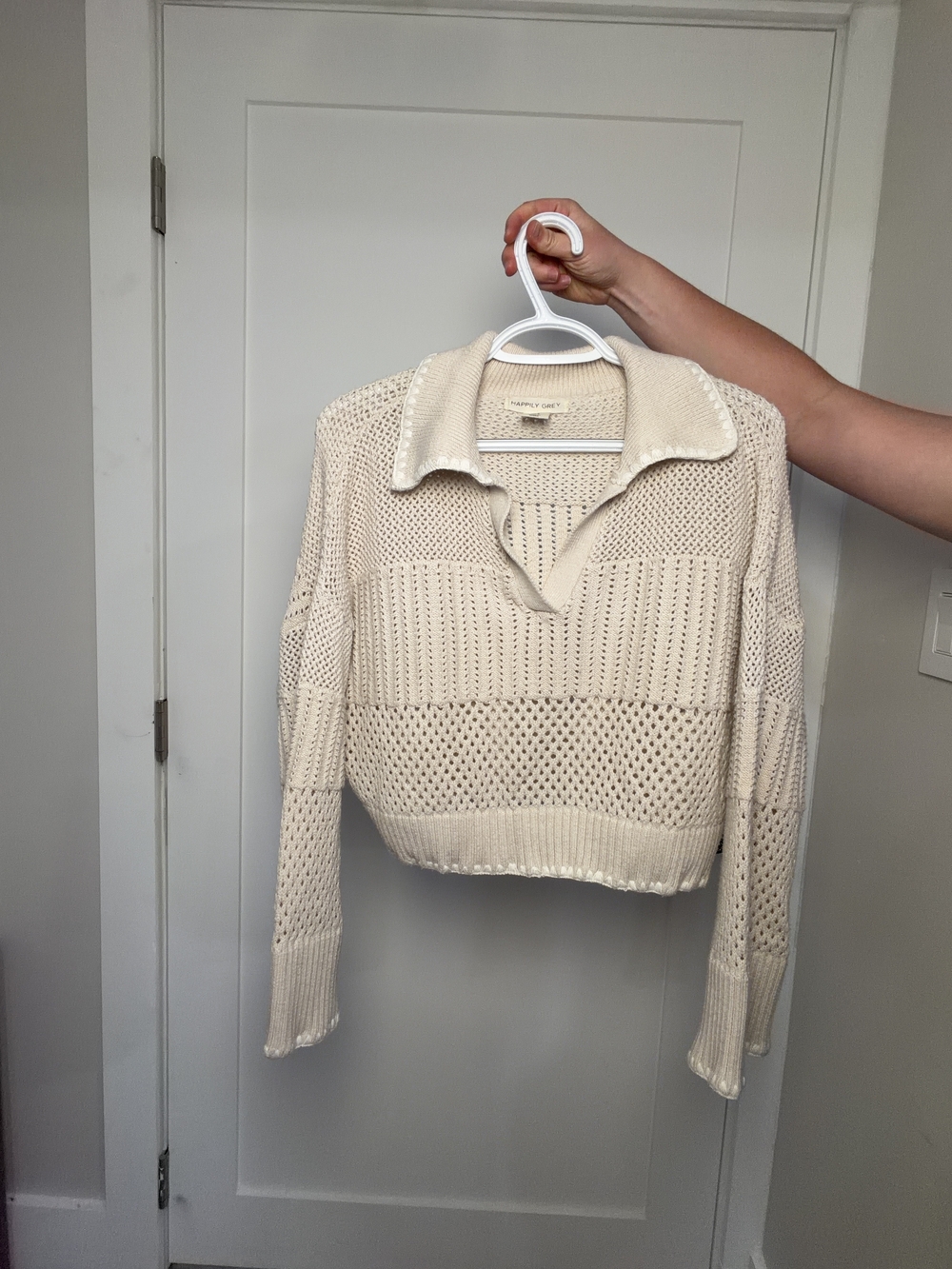 Light Cream Open-Weave Collared Sweater